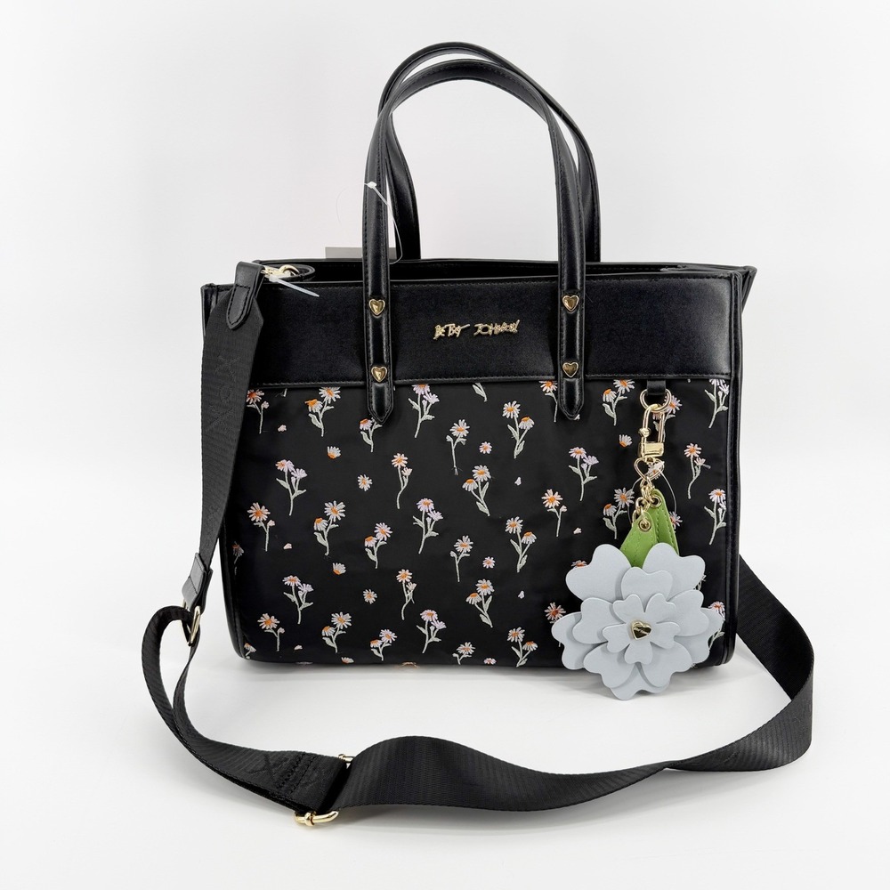 Betsey Johnson Xobeca- Y Tote Crossbody Floral Daisy Black With Flower Charm NWT